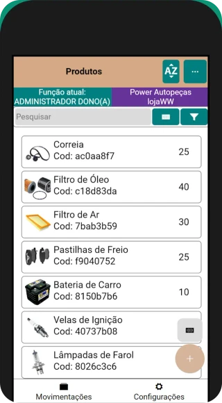 Tela do aplicativo Controle de Estoque Online com a lista de produtos, quantidades e códigos