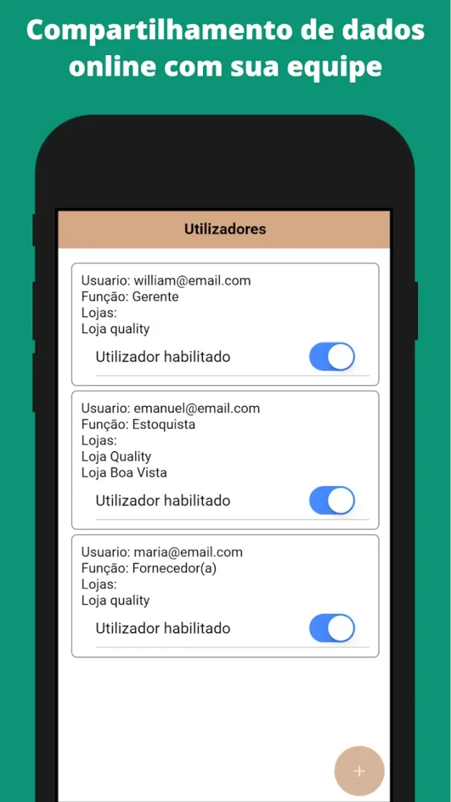Tela do aplicativo: equipe — compartilhamento com funções e permissões