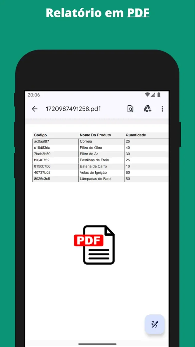 Tela do aplicativo: relatório em pdf — pronto para conferir, imprimir ou enviar