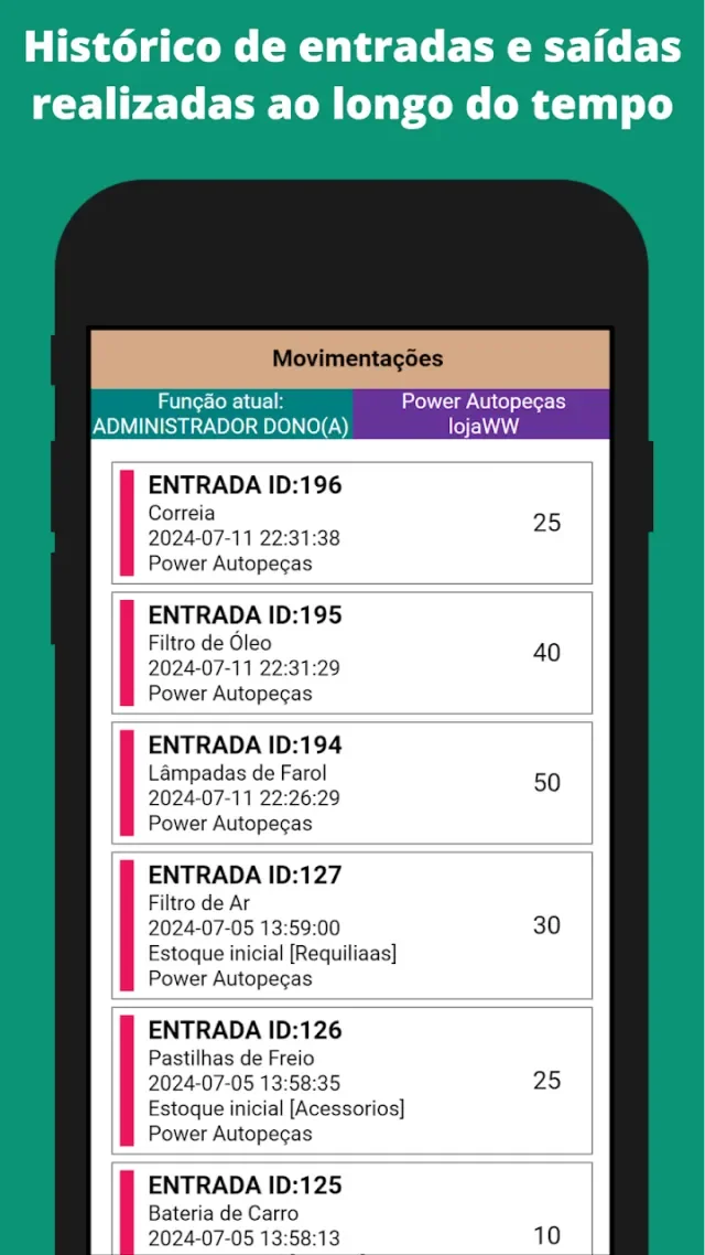 Tela do aplicativo: movimentações — histórico de entradas e saídas ao longo do tempo