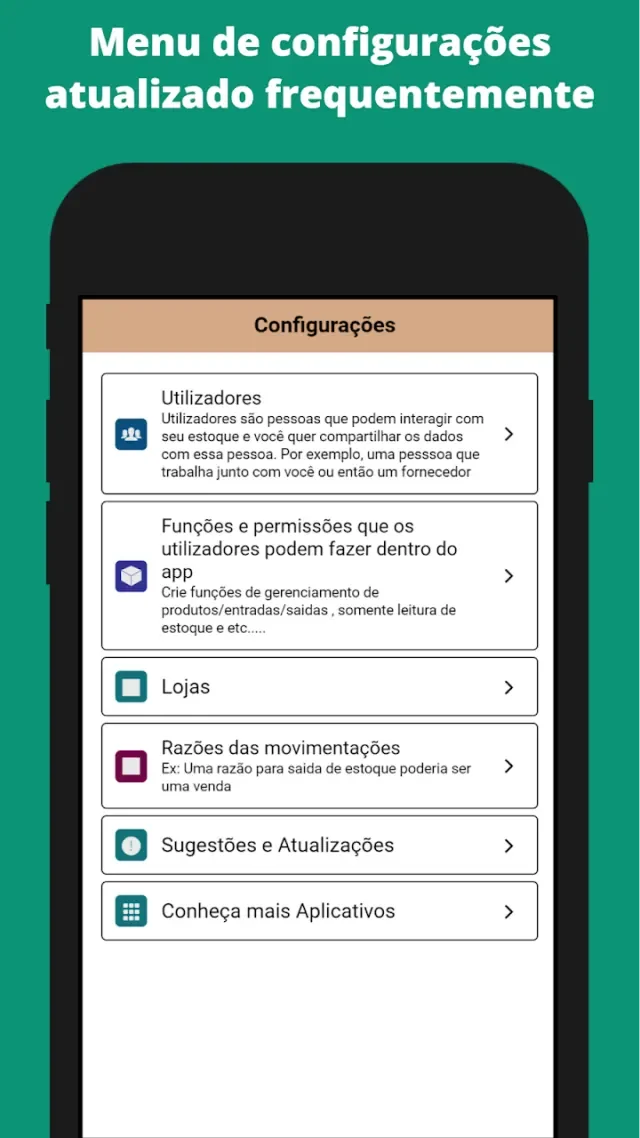 Tela do aplicativo: configurações — usuários, lojas e razões de movimentação